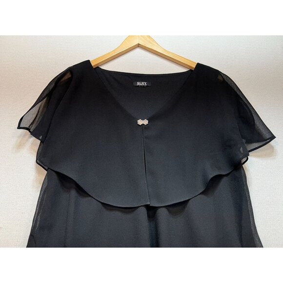 SLNY Womens Tiered Capelet Chiffon Dress Large Black Party Flutter Sleeve Midi - Picture 5 of 12